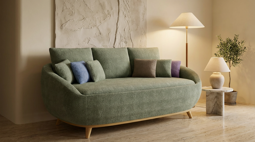 Curved Green Linen Sofa-5