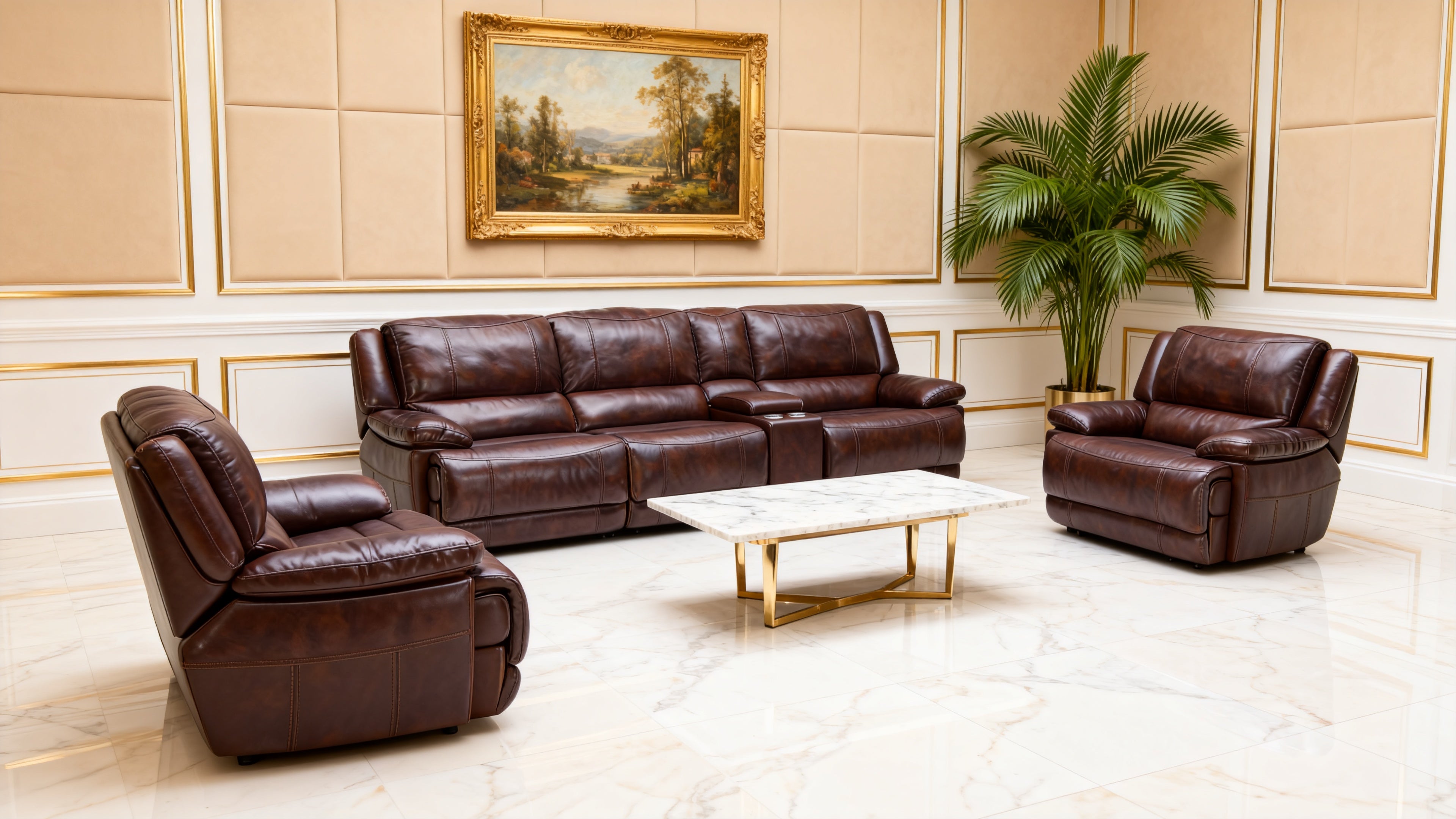 Premium Brown Leather Reclining Sofa
