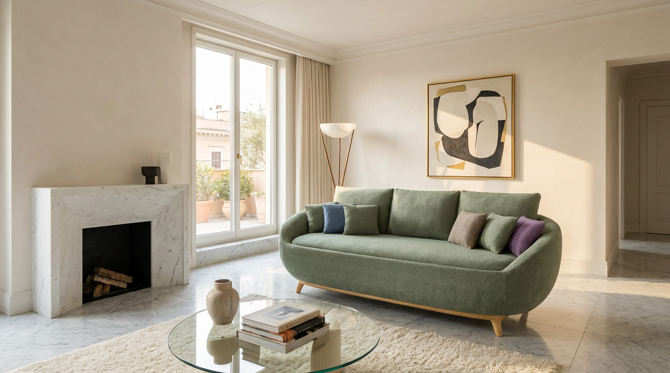 Curved Green Linen Sofa-6