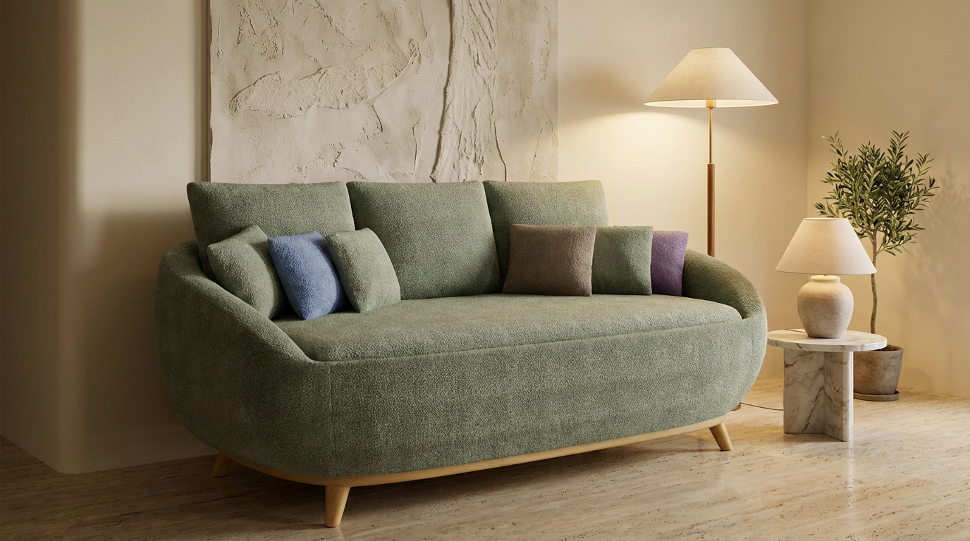 Curved Green Linen Sofa-5