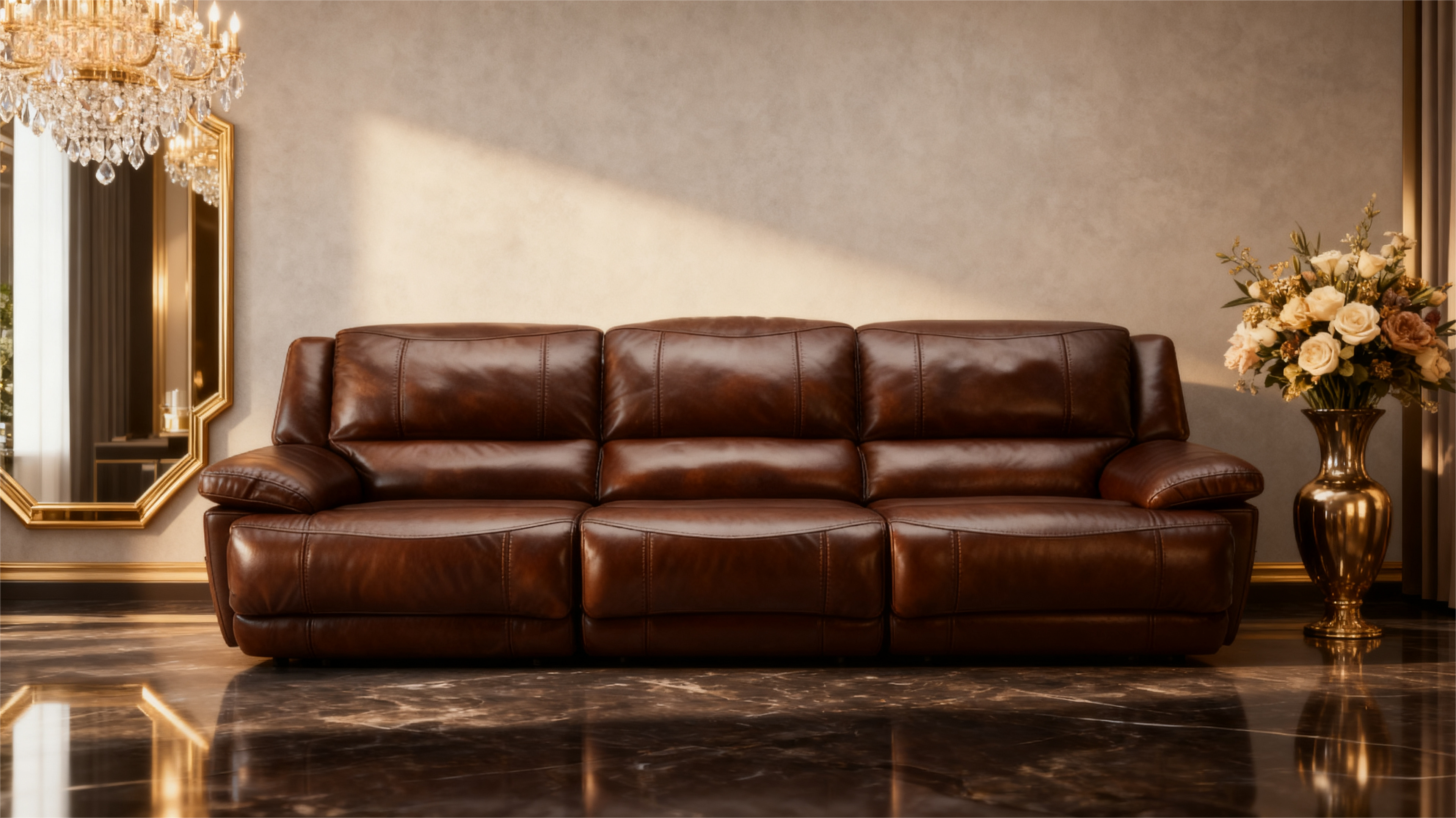 Premium Brown Leather Reclining Sofa