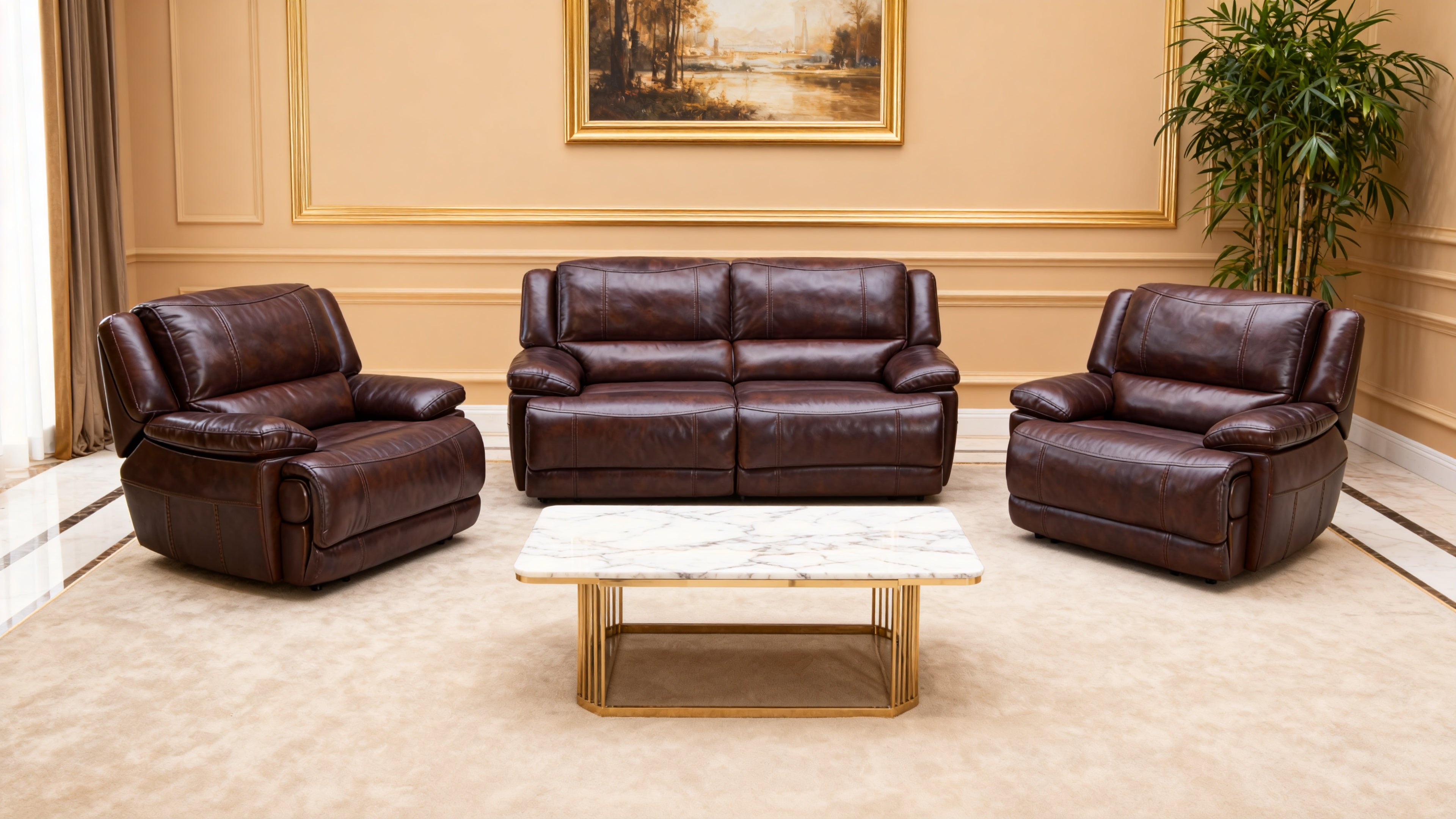 Premium Brown Leather Reclining Sofa